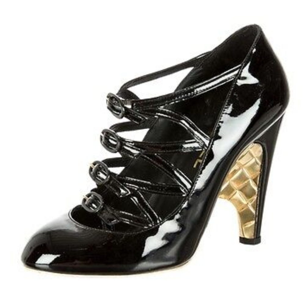 Chanel Black Patent Leather Gold Tone Quilting Accents Strappy Heels